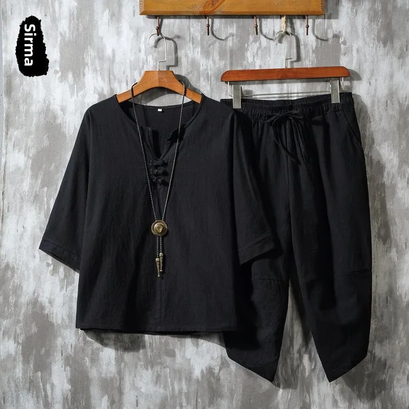 

Men's Retro Cotton Linen Button up Set Summer 3/4 Sve T-irt orts Two Piece Set Large Size Clothing Casual Sportswear