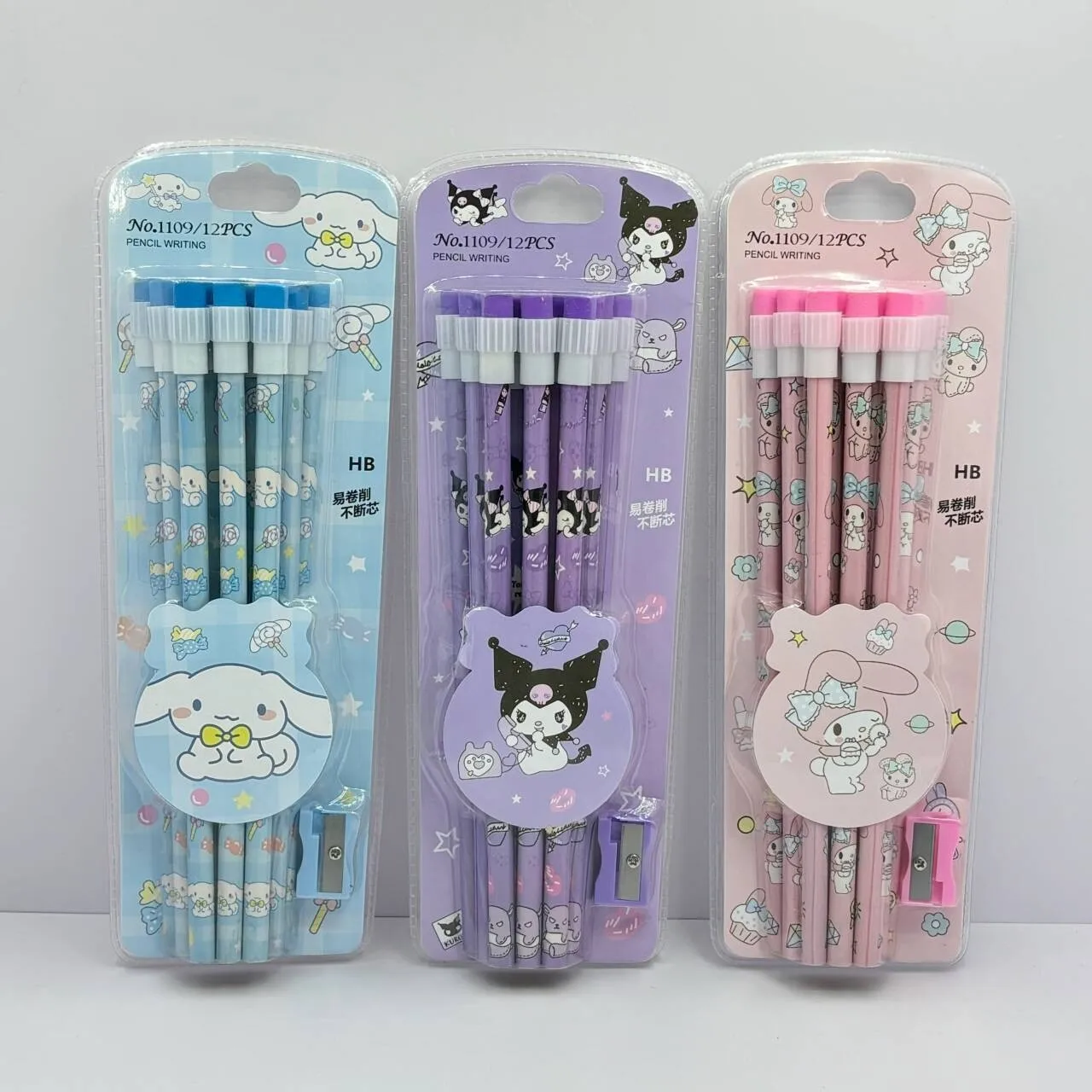 Sanrio 2Bhb Pencil Kuromi Kawaii Cartoon Erasable Children Pen Comes with Pen Holder Pencil Sharpener Stationary Set My Melody