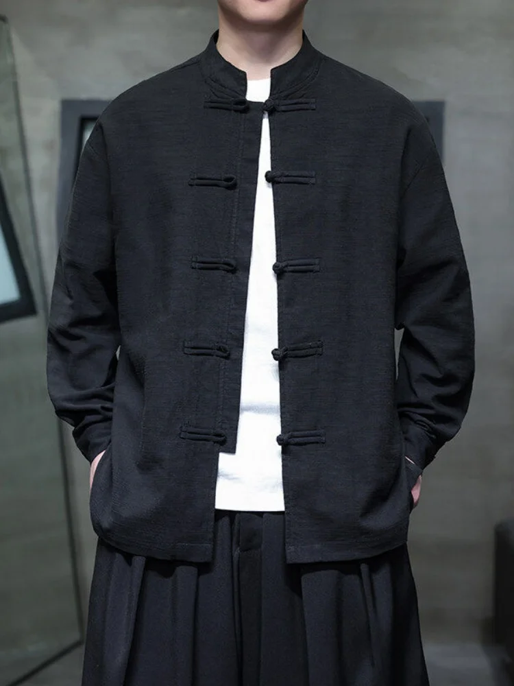 

Мужская льняная рубашка с длинным рукавом в стиле ретро, на пуговицах, в стиле танского костюма, ханьфу, новый китайский стиль, с воротником-стойкой, куртка-чжуншань, молодежная мода