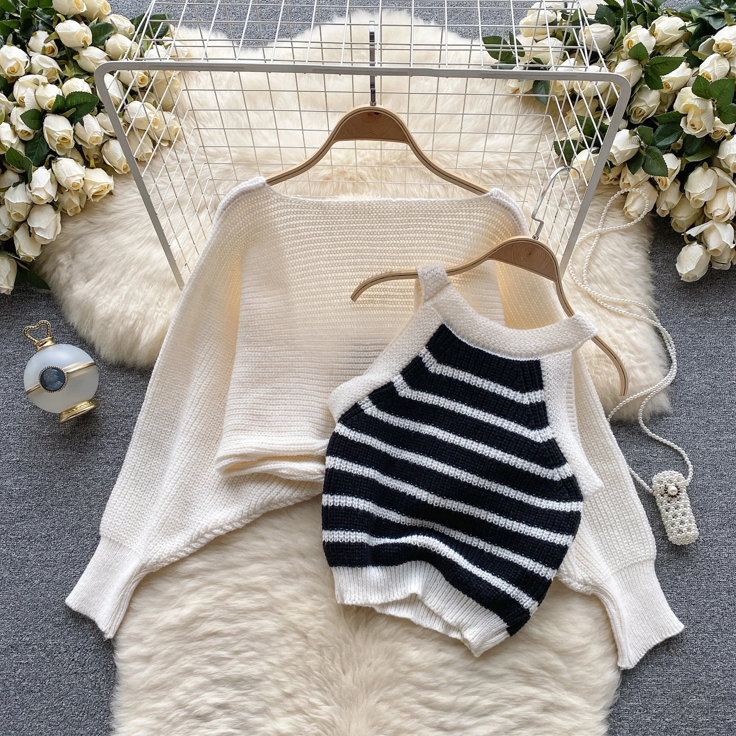 Sexy Chic Knit Two Pieces Sets Off Shoulder Sleeveless Striped Short Camis Vest Witht Loose Coat Autumn Winter Odzież damska