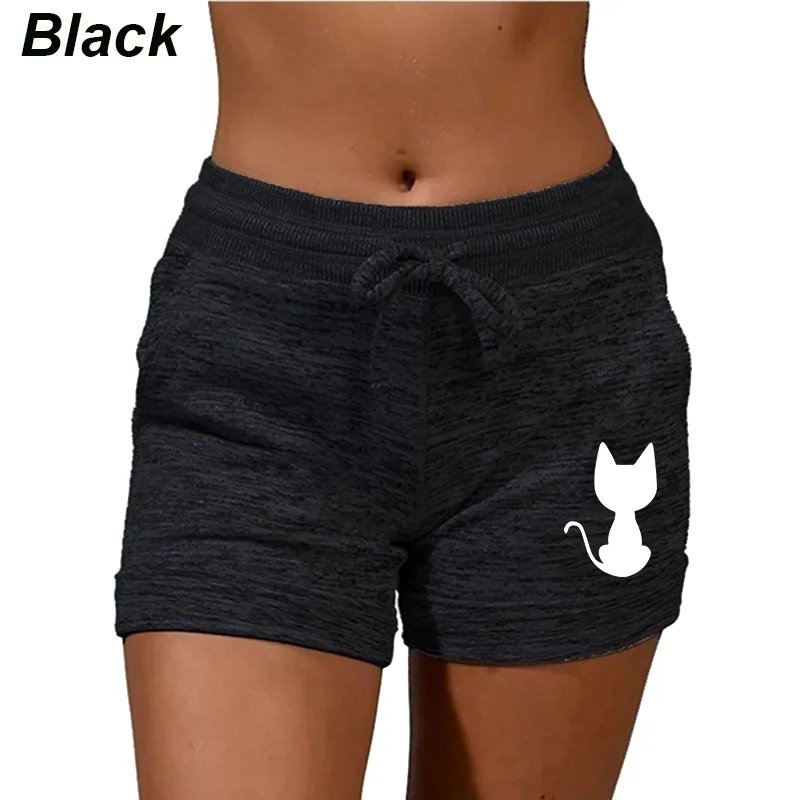 Trending Cute Cat Printed Women Shorts with Pockets and Drawstring High Waist Sport Stretchy Shorts Yoga Running Shorts