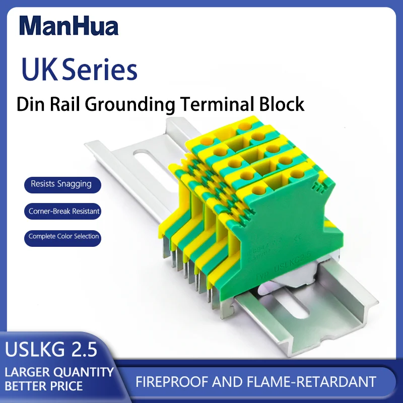 ManHua 10Pcs USLKG2.5 PE Din Rail Terminal Blocks Ground Universal Connector Screw Wire Conductor USLKG2.5