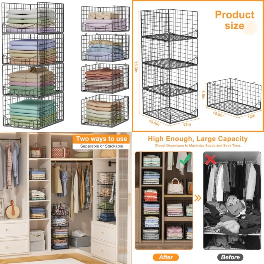 

4-Tier Stackable Closet Organizers and Storage Shelves, Clothes Storage Basket, Clothes Shelf Organizer Sweater Organizer Bins Container for Wardrobe Kitchen Bathroom Office, Black