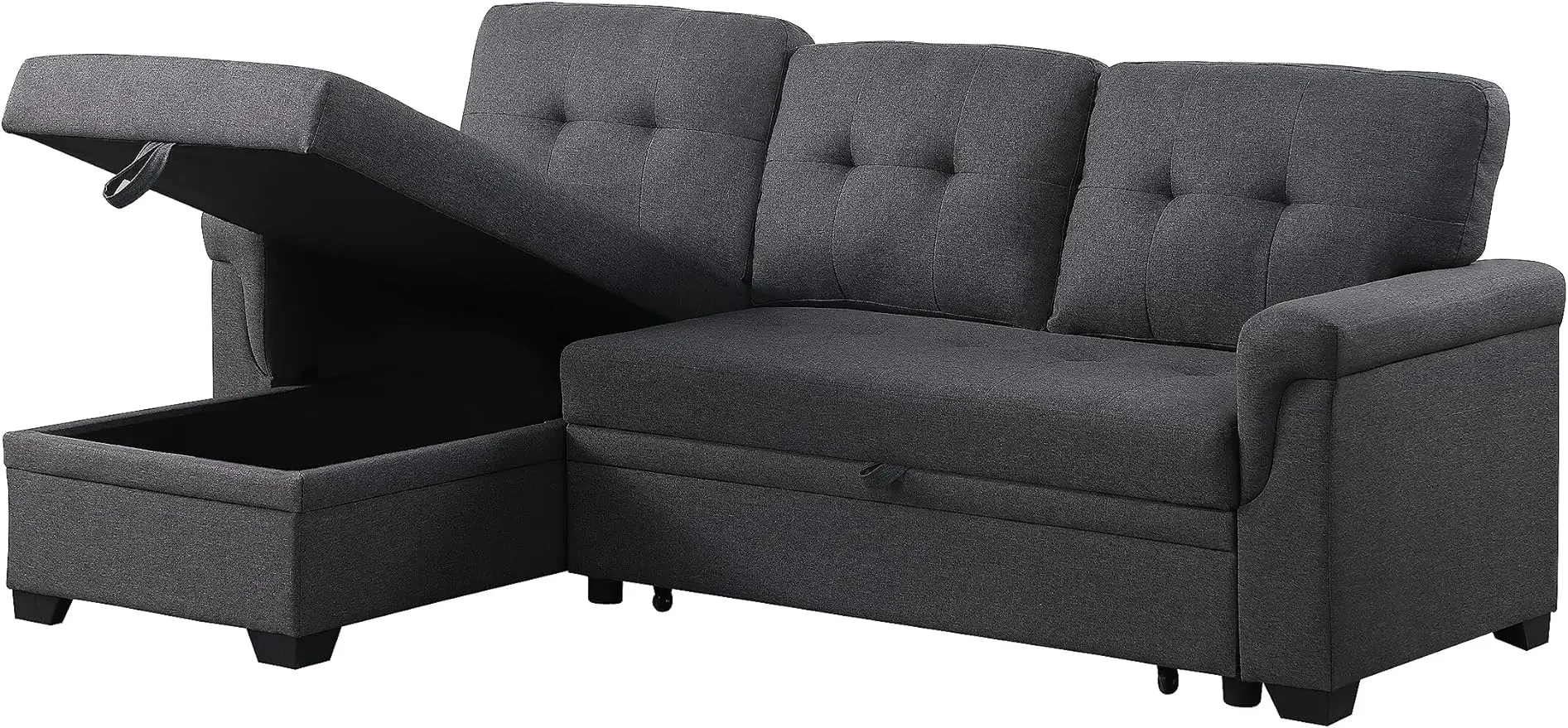 

84 inch L-Shape Sectional Sleeper Sofa with Chaise Storage and Pull-Out Bed, Tufted Linen Backrest, Reversible 3-Seater