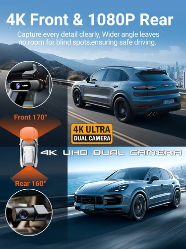 Imagen 2 del producto Cámara de salpicadero para coches, grabación 4K UHD, cámara delantera y trasera para coche, grabadora de visión nocturna HDR, Wi-Fi integrado, Monitor de aplicación de modo de estacionamiento 24H