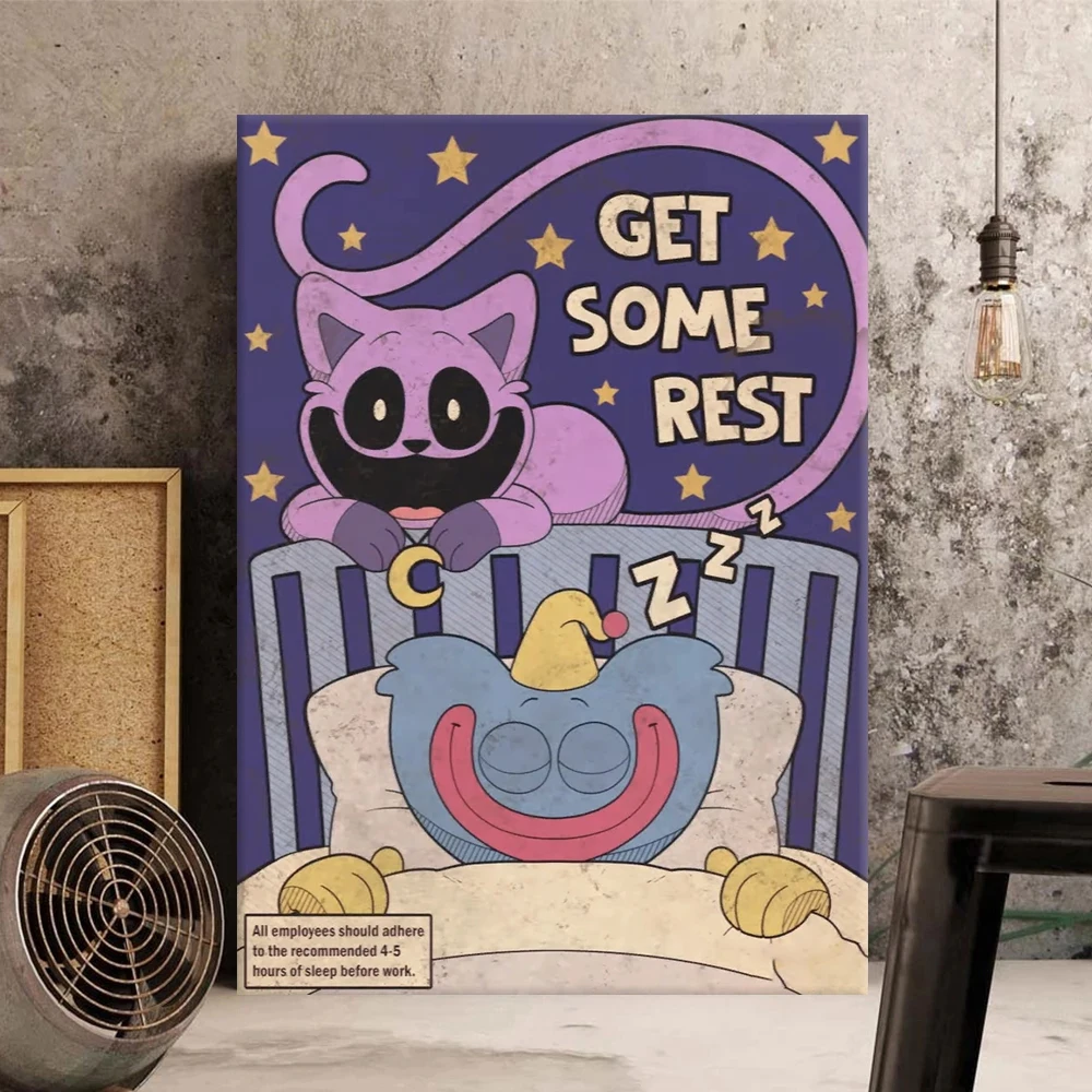 Vintage Cartoon Bedtime Relax Poster | Creative Kids Room Reminder Wall Art | Healing Sleep Vibe Decor Painting