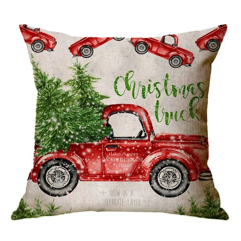 Christmas Cushion Cover 45x45cm Linen Throw Pillow Case Red Truck Christmas Tree Printed Pillow Cover Home Decor Xmas Pillowcase