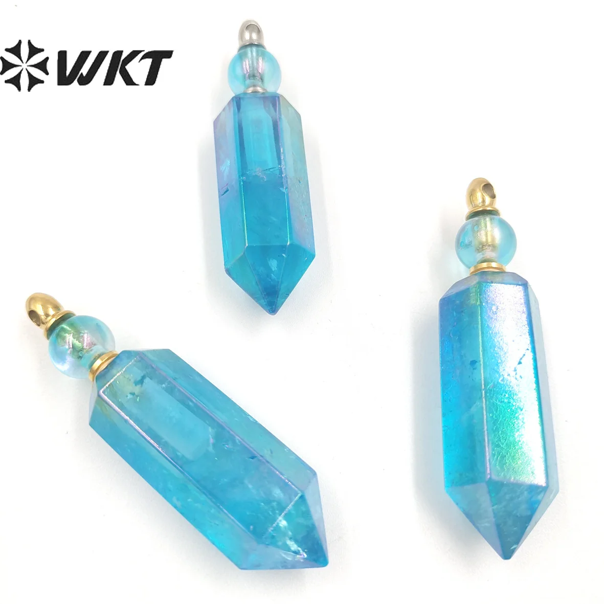 

WT-P1785 WKT Wholesale Natural Crystal Quartz with Aqua Pendant With Double Gold Loops Blue Perfume Bottle Necklace Pendant