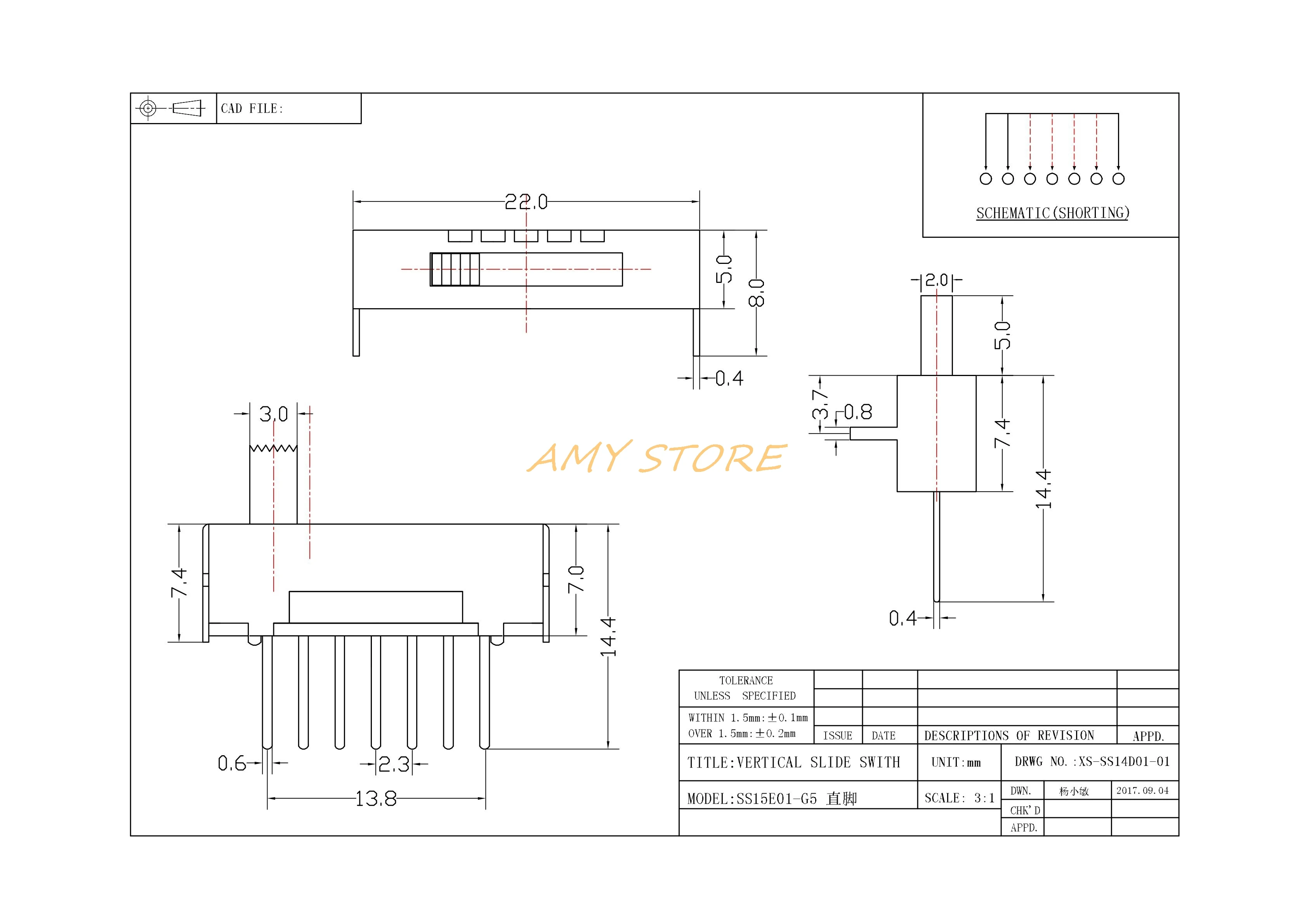5pcs SS-15E01 Vertical (1P5T) 5 Positions Toggle Slide DIP Switch without Fixed Foot and 7 Pins SK-15E01 Horizontal