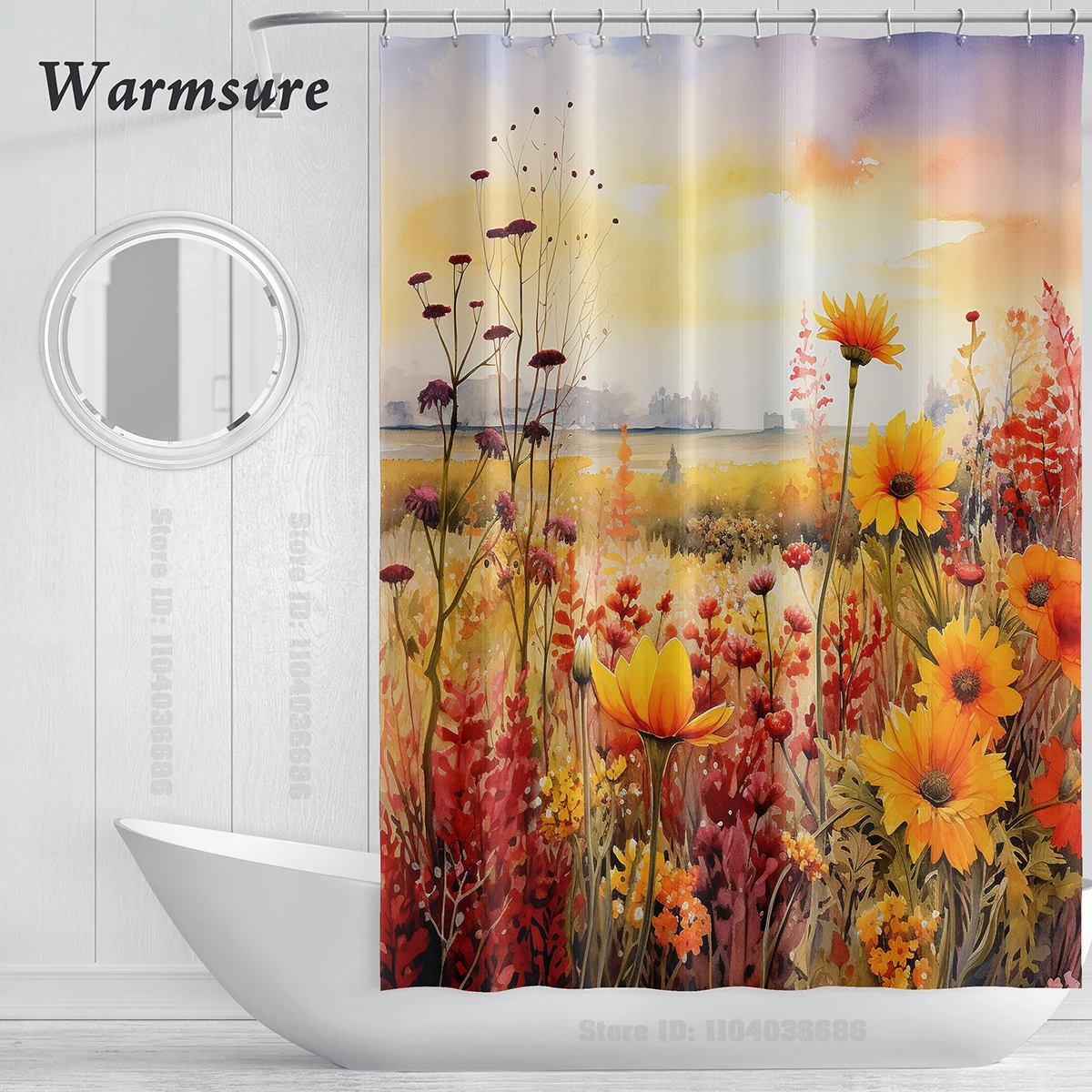 Fabric Floral Waterproof Shower Curtain Set with 12 Hooks Watercolor Bath Curtain Modern Bathroom Decorative Accessories