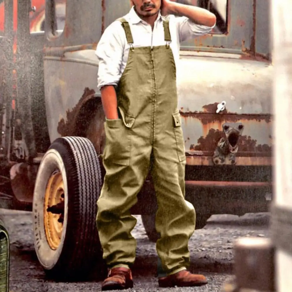 Men Denim Jumpsuit Casual Retro Style Loose Fit Overalls With Large Pockets Soft Thick Fabric Cargo Jumpsuit