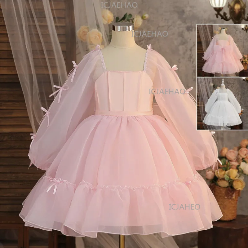 

Kids Birthday Dress Costume Flower Girl White Tulle Long Sleeve Princess Gown Children Girls Host Performance Pageant Outfit