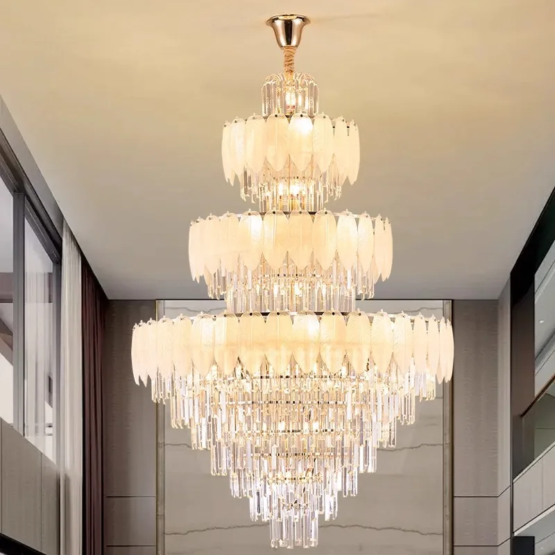 High-end new duplex floor chandelier, modern light luxury hollow building middle floor hall empty luxury crystal villa