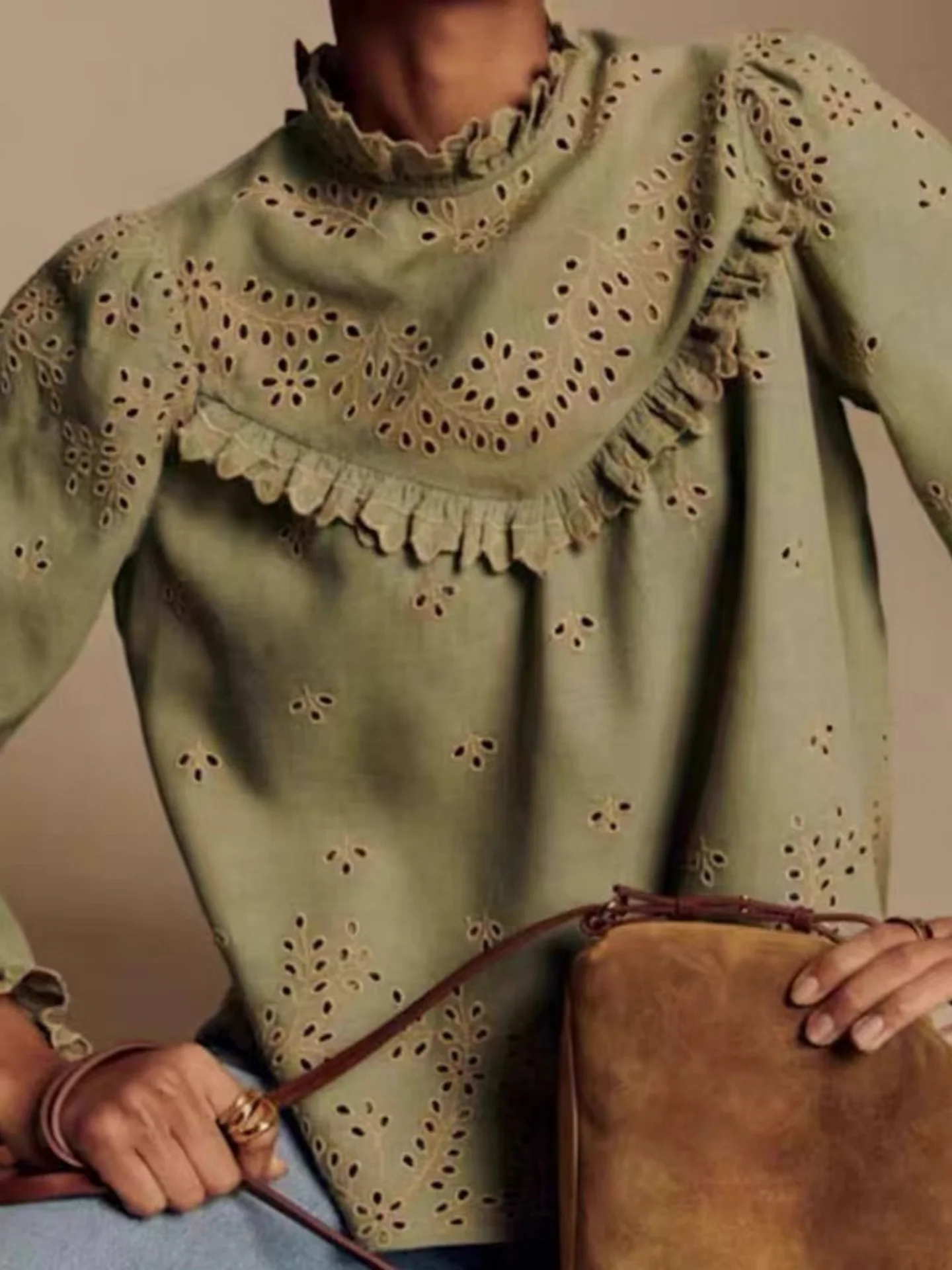 

Pure Cotton Embroidered irt een Floral Stand Collar Ba Strap Design Women's Casual Sle Faionable Breathable Long Sl...