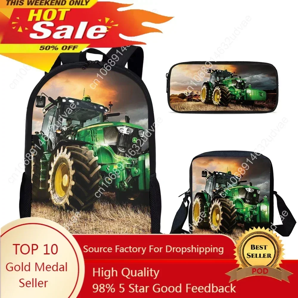 Car Tractor Pattern School Bags For Girls Boys 3Pcs Students Backpacks Pencil Case Crossbody Bags Sets Mochilas Para Estudiantes