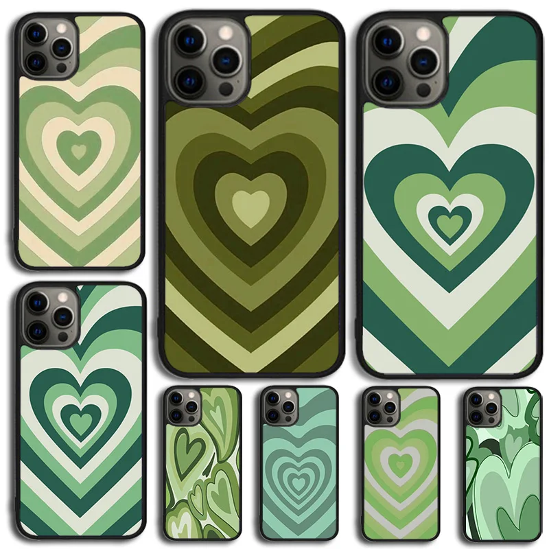 green Heart Circle Phone Case Cover For iPhone 15 16 14 XR XS 11 12 13 Mini Pro MAX Plus