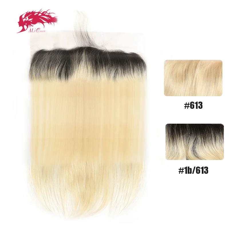 Ali Queen Hair Brazilian Straight Virgin Hair Lace Frontal Closure human hair Free parting #613 or #1b613 13x4 Pre Plucked