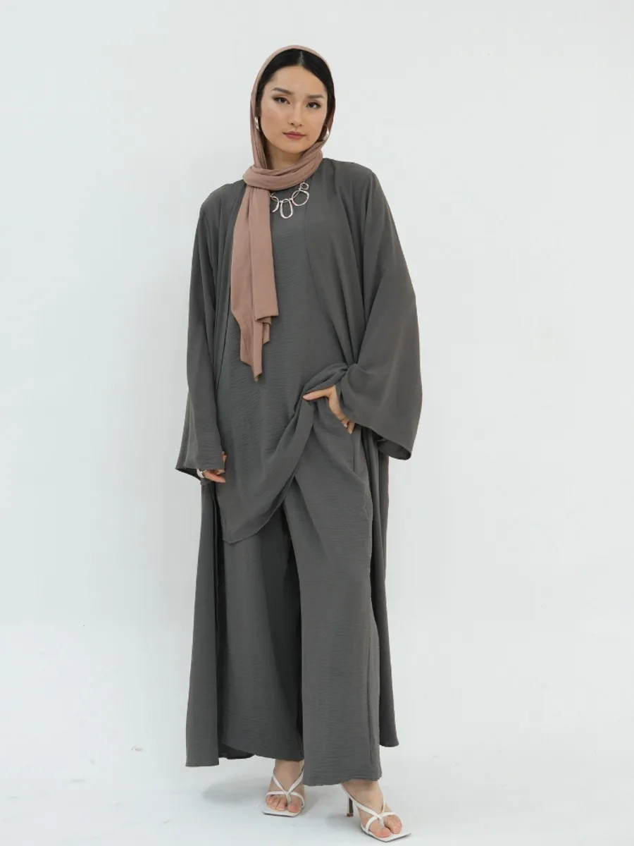 Eid Muslim Three Piece Sets Women Abaya Cardigan Tops Wide Leg Pants Suits Modest Kaftan Ramadan Morocco Abayas Ensembles 2024