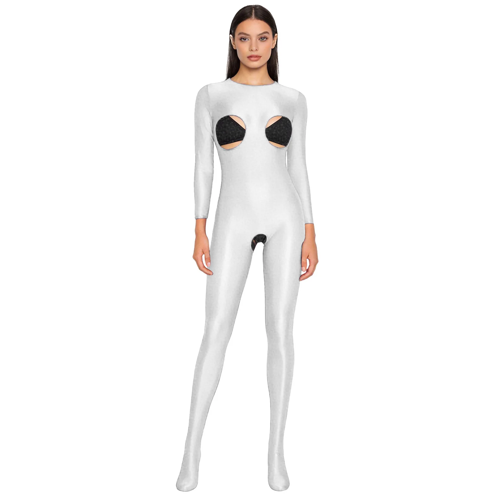 

Women Glossy Stretchy Unitard Jumpsuit Nightwear Long Sleeve Open Cup Crotchless Footed Tights Bodysuit for Rave Anniversary
