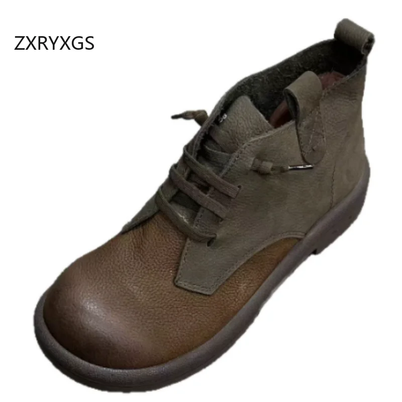 

ZXRYXGS Top Cowhide Spell Color Classic Retro Boots Flat Soft Sole Women Fashion Boots 2025 New Full Real Leather Trendy Boots