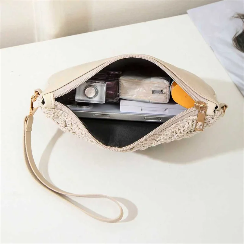 Einfache, vielseitige Umhängetasche aus Häkelstoff, neue gewebte Tasche, Reißverschluss, Retro-Casual-Strandtasche mit Blumenmuster für Damen – Detail 8