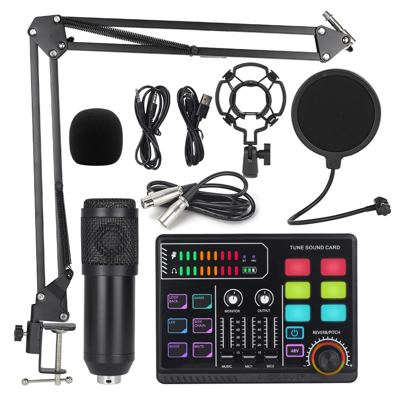 Likheung BM800+P100 Sound card microphone set Professional Audio Mixer Podcast Equipment Kit for PC Laptop Recording Streaming