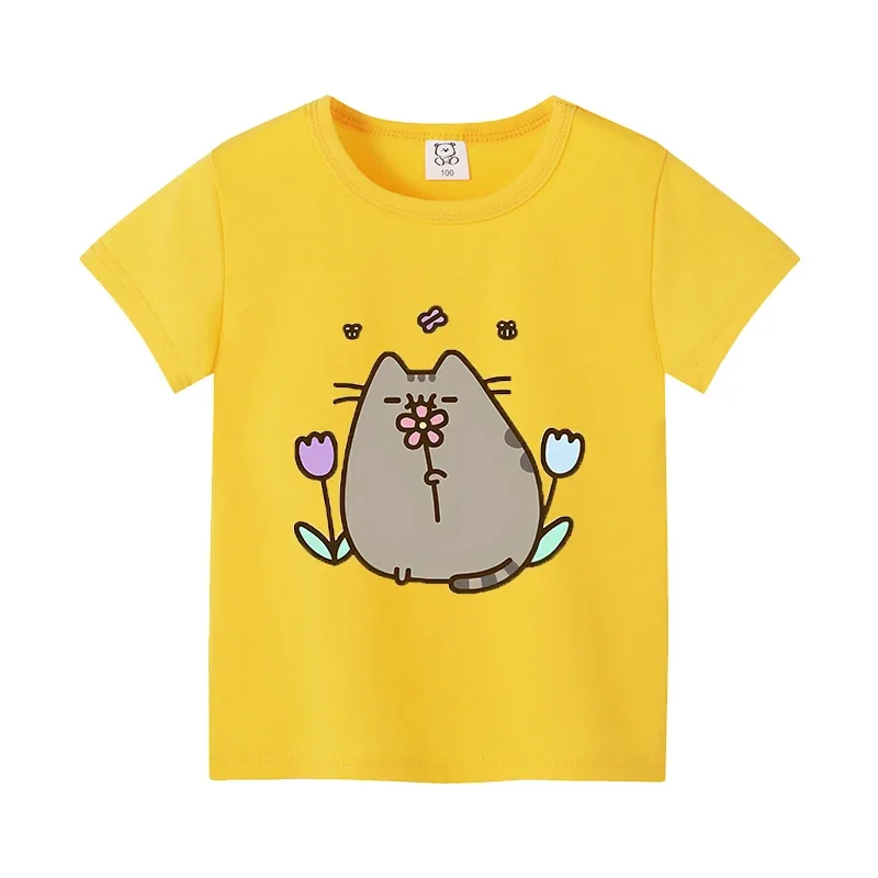 Pusheen-Camiseta de algodón de dibujos animados Kawaii para niños, Top de moda de manga corta, película, ropa suelta, regalo para niños y niñas