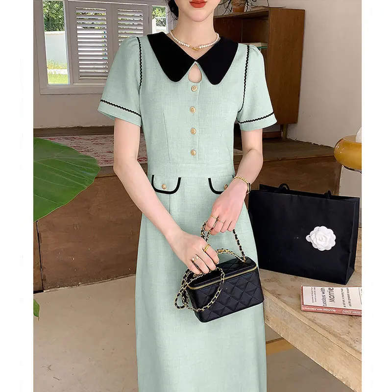 French Elegant Green Midi Dress Women Summer Peter Pan Collar Office Ladies Vestidos Casual Short Sleeve Kawaii Party Dresses