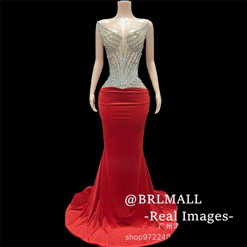 Strapless Velvet Prom Dress Women Silver Beaded Sheath Formal Evening Dresses Real Photos BRLMALL Party Gown Wedding Guest Dress