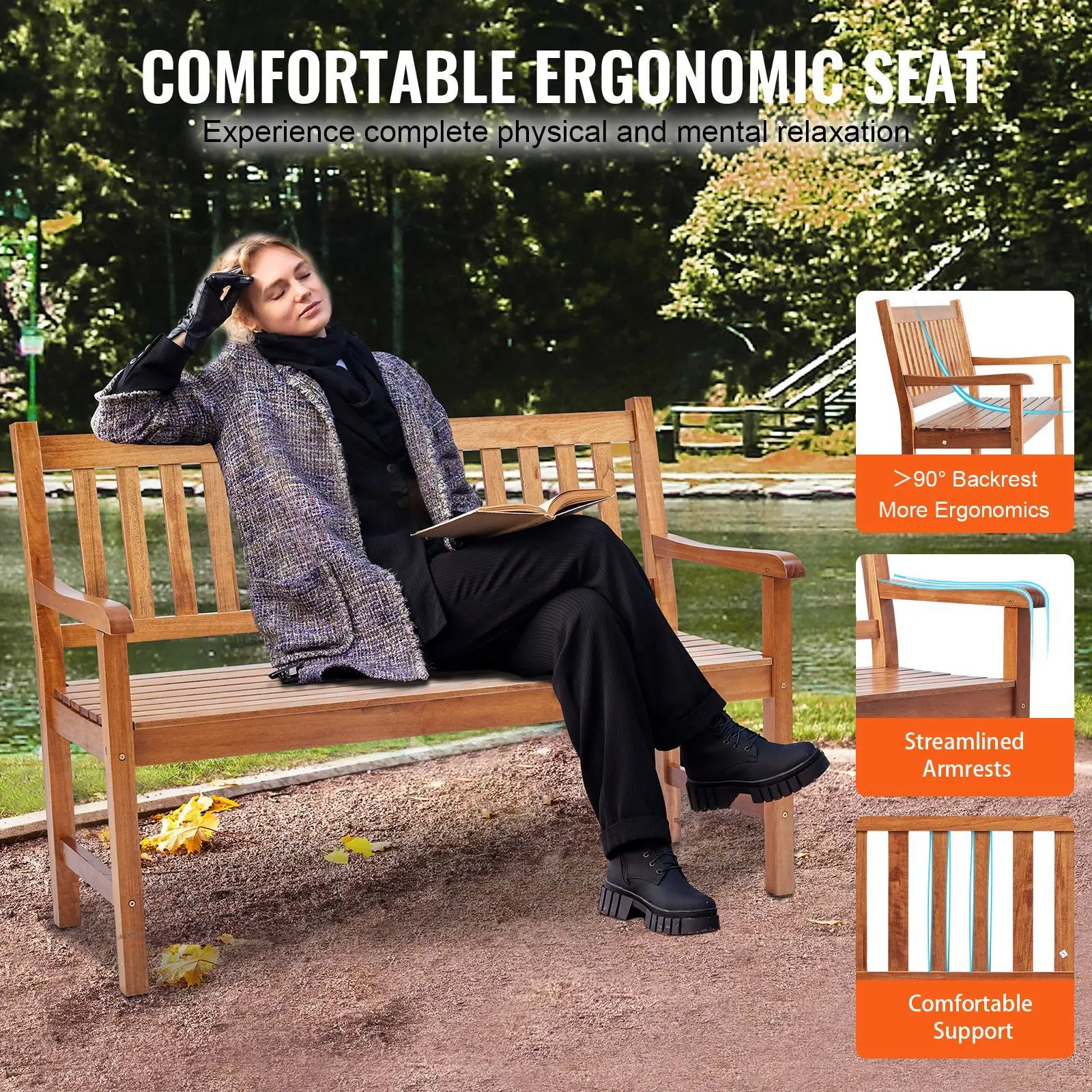 Outdoor Bench, 50 inches Wood Garden for, Park with Backrest and Armrests, 800 lbs Load Capacity, Patio, Yard, Front Porch