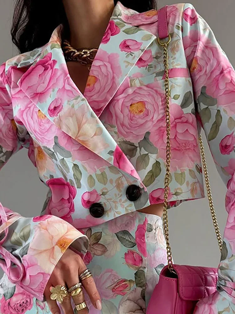 

Осенний новый пиджак с лацканами + мини-юбка, элегантный костюм с высокой талией, облегающий наряд для вечеринки, красочный женский комплект с длинными рукавами и цветочным принтом