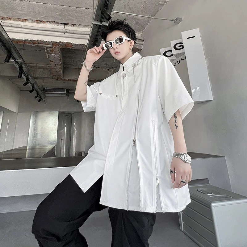 

Летняя мужская футболка 2025 с коротким рукавом, воротником-стойкой, молнией и подплечниками, премиум-класса, в горном стиле, молодежная мода