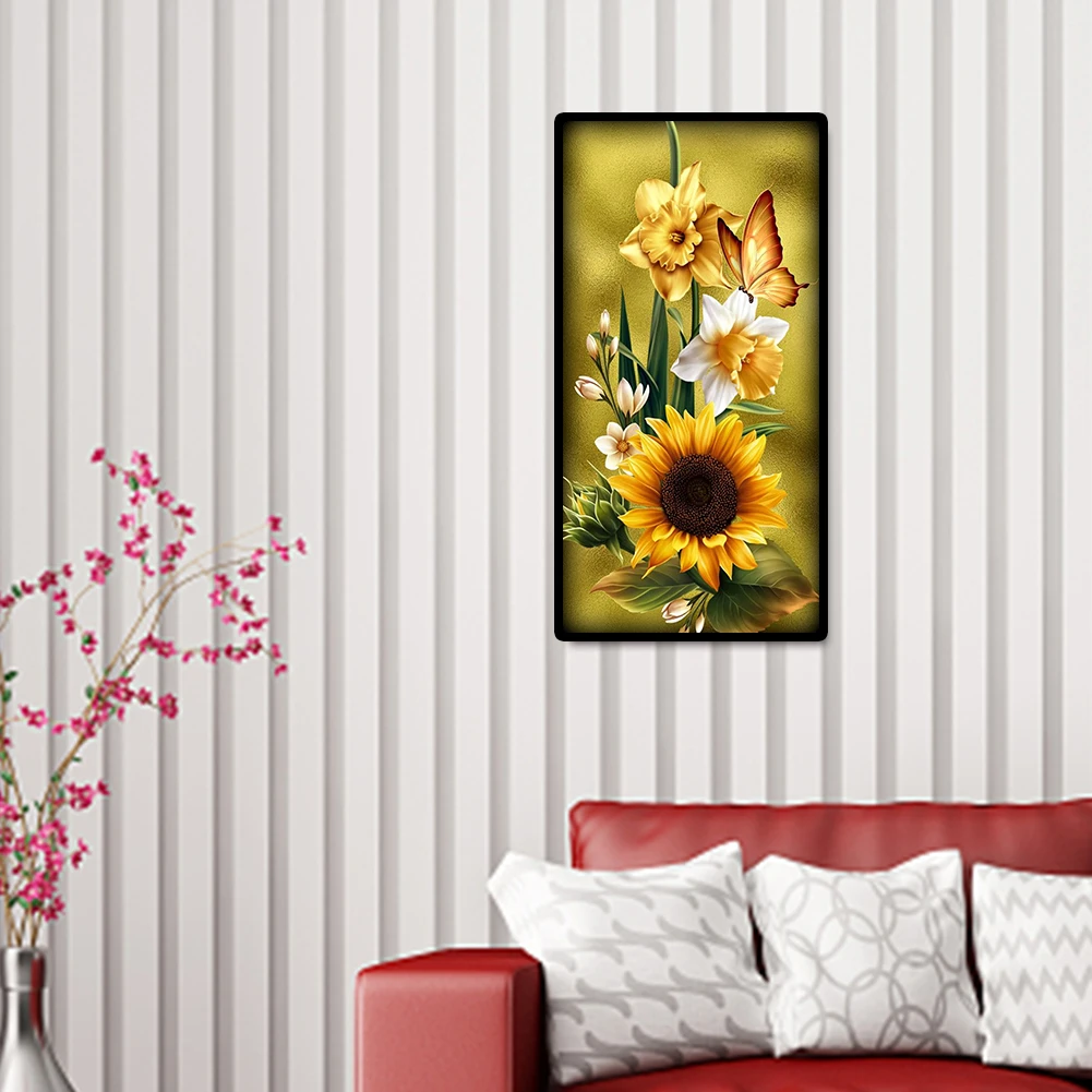 5D DIY الماس الراين لوحات عباد الشمس نمط الماس الفسيفساء 17.72X3.46in الحفر الكامل الماس الفن لديكور جدران المنزل