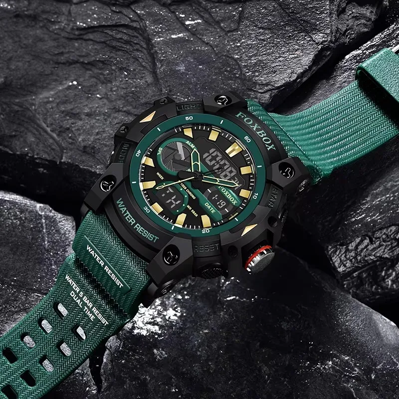 FOXBOX 패션 스포츠 시계 남자 충격 방지 50M 방수 손목 시계 LED 알람 스톱워치 시계 군사 남자 시계 + 상자