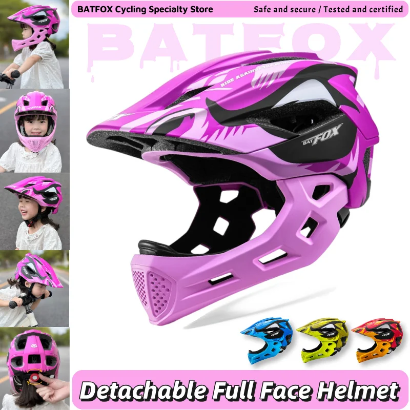 BATFOX Kids Full Face Bike Helmet Detachable MTB Cycling Safety Sports Riding Protective Gear Youth Children Boys and Girls