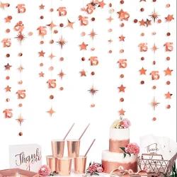 Rose Gold 15th Birthday Banner Decorations Number 15 Circle Dot Twinkle Star Garlands Hanging Backdrop for 15th Birthday Party