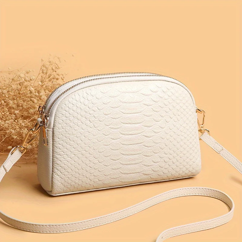 

Snake Embossed Shoulder Crossbody Bag, Genuine Leather Shell Bag with Zipper Closure, Polyester Lining, Edge Paint