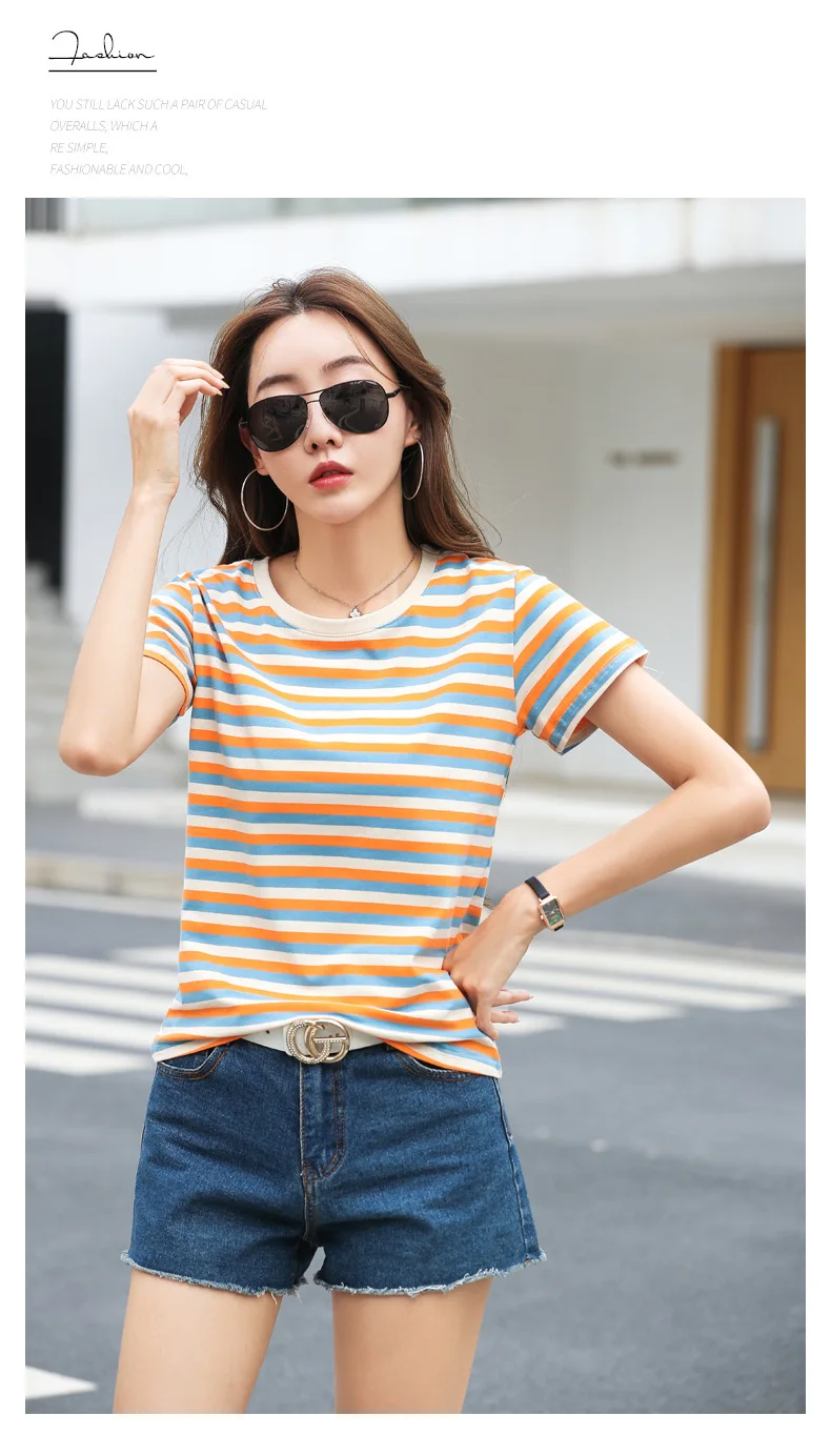 Damen Sommer T-Shirt mit Streifenmuster, kurze Ärmel, neu, schlankmachend, lockere Passform, halblange Ärmel, lässiges Basic-Oberteil – Detail 12