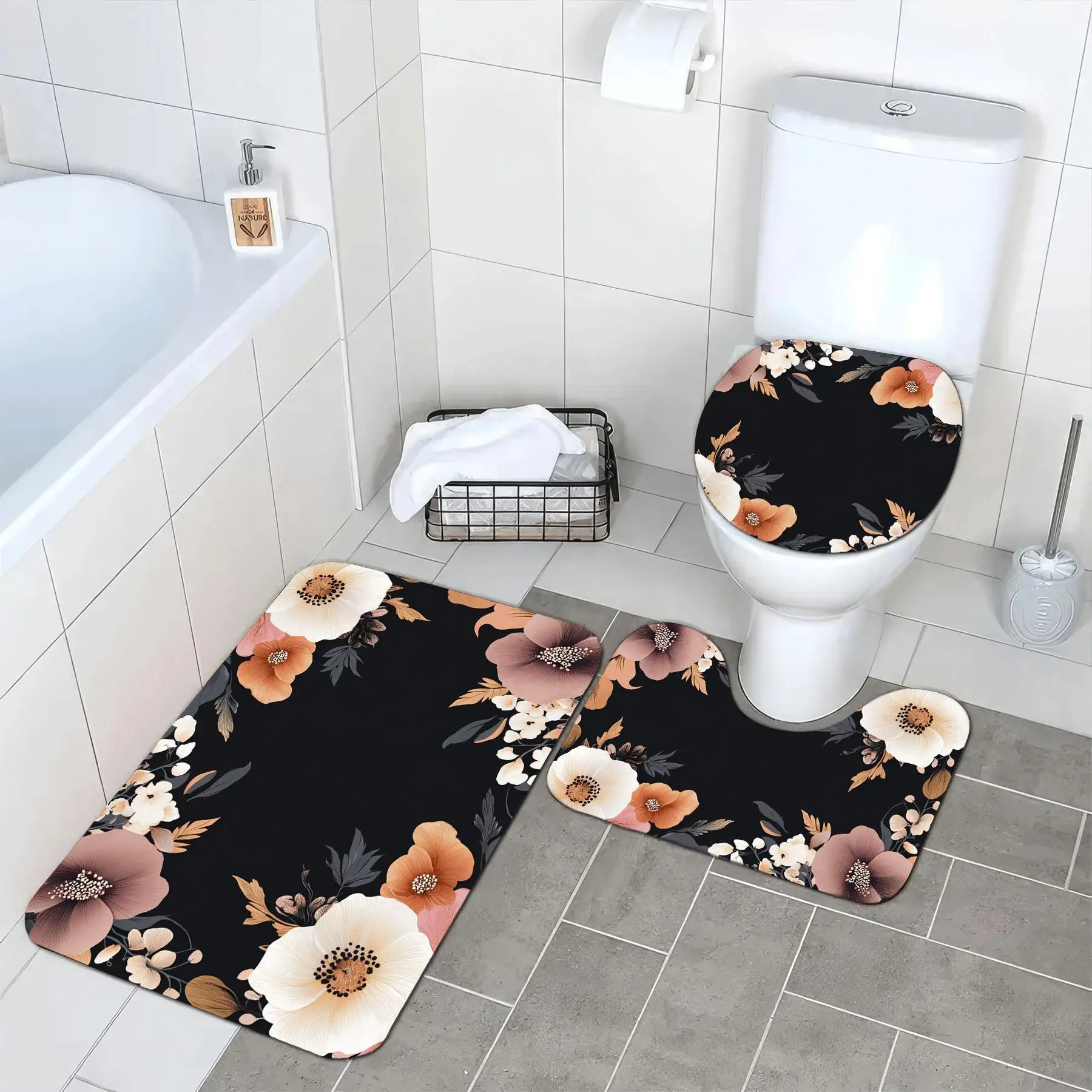 3pcs Floral Bath Mat Set Bathroom Rug Floor Mat Home Decor Luxury Spa Mat for Toilet Bathroom Decor Accessories