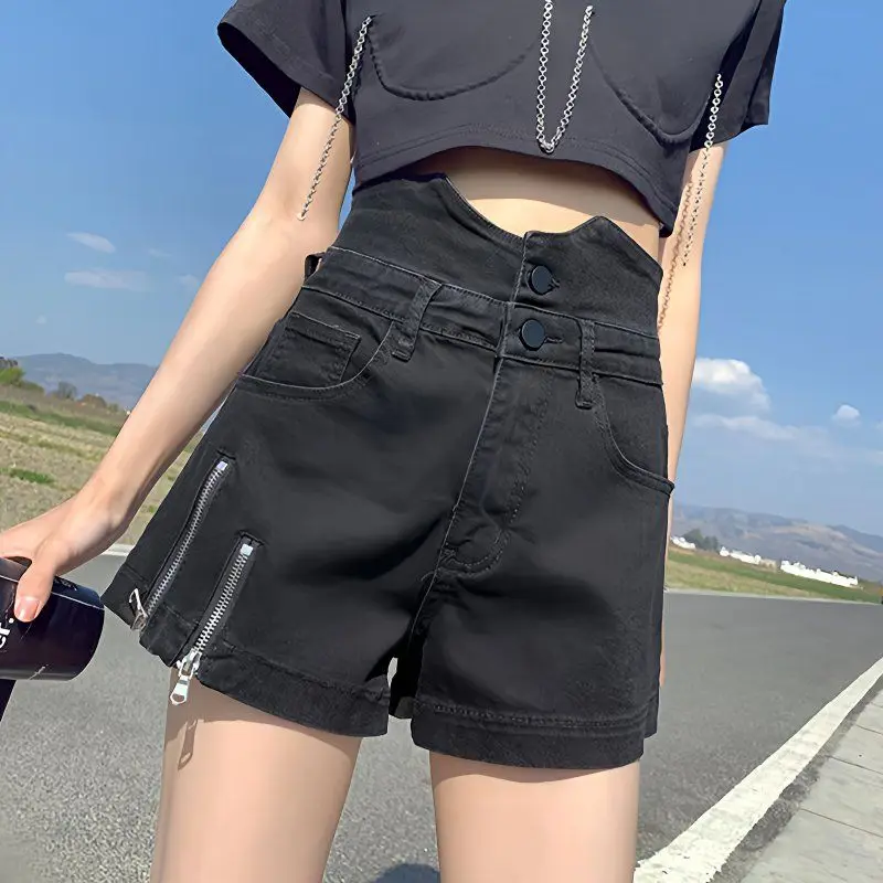 

Women‘s Korean Style High-waisted Denim Shorts 2026 New Spring Summer Fashion Zip Wide Leg Shorts High Street Motorcycle Shorts