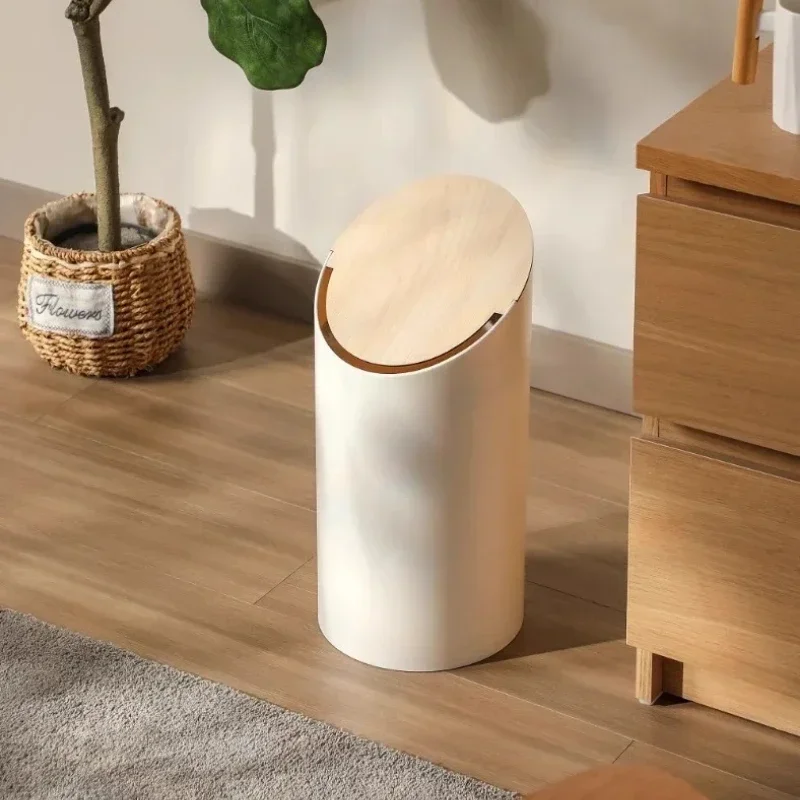 Simple Log Style Cream Trash Can High-End Plastic Bin with Lid Minimalist Wooden Design for Home and Bathroom