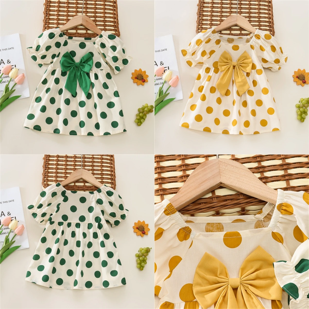 Baby Girl Summer Cotton Dot Print Bow Short Sleeved Dress Girl Fashion Korean Version Beach Dress