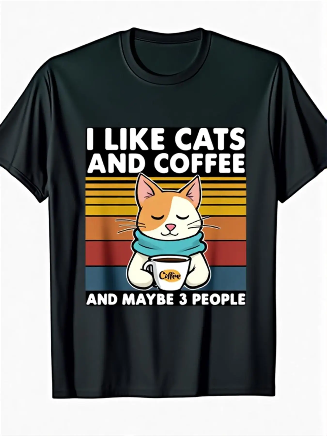 Fun T-Shirt for Cat and Coffee Lovers: I Like Cats and Coffee (Possibly for Only 3 People) Slogan with Cat and Coffee Cup Design - Soft and Breathable Crew Neck Short-Sleeve T-Shirt for Men - Casual Everyday Wear