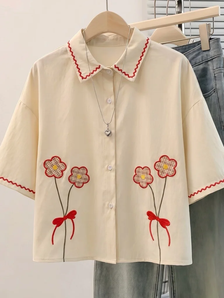 

Red Flower Embroidery Short Sleeve Shirt Women's plus Size Summer New Style Slimming Top Korean Style Commute Fashion