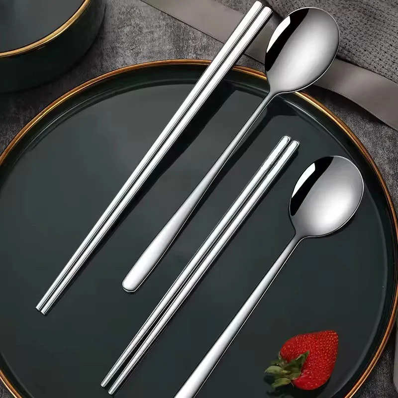 

Korean Long-handle Spoons Chopsticks Tableware Set Non-slip Food Soup Spoon Reusable High-end Stainless Steel Dinnerware Set