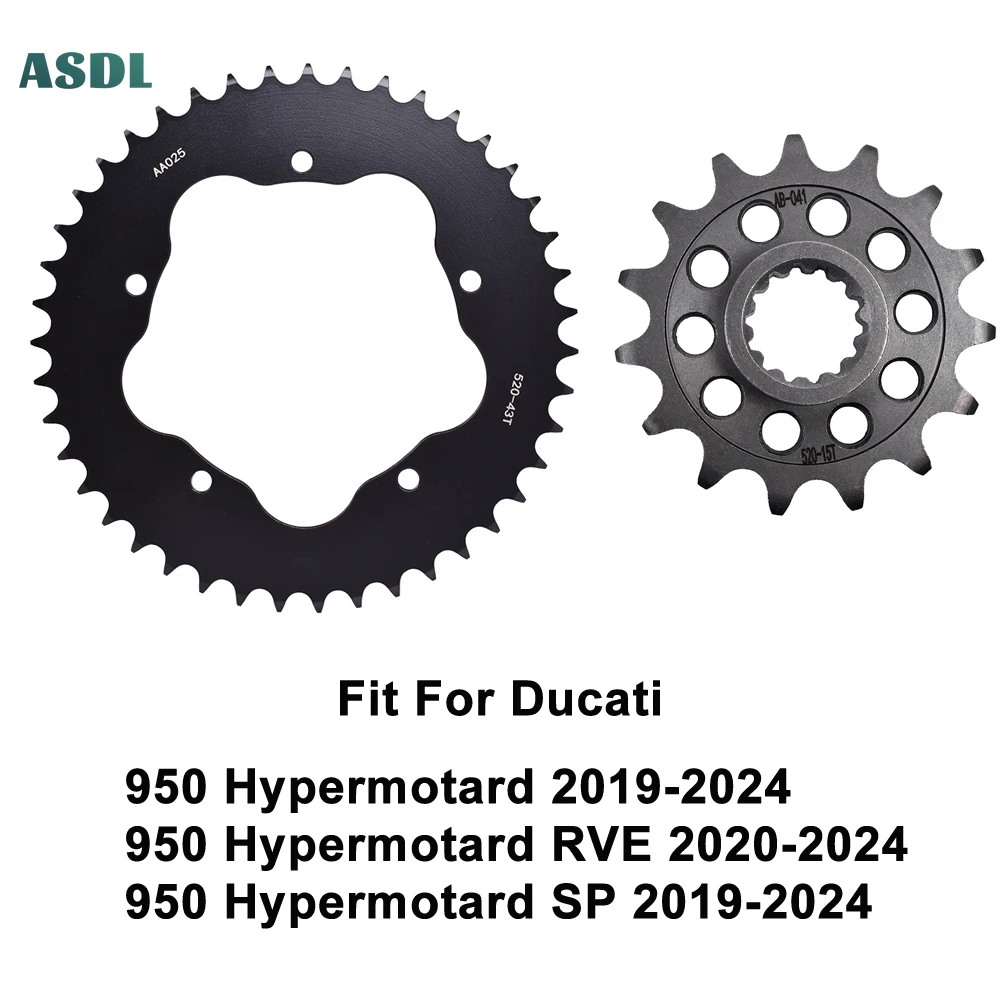 

520 43T 15T Motorcycle Front and Rear Carburized Steel Sprockets for Ducati 950 Hypermotard RVE SP 2019-2024 520 Chain 43 teeth