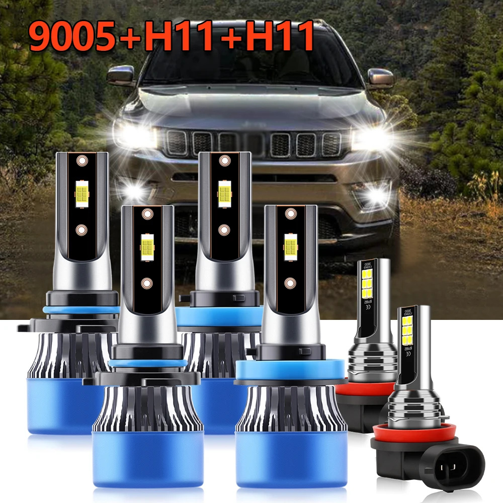 

6x Combo LED Headlight 9005 H11 High Low Beam Fog Light Bulbs Kit Replace For Jeep Compass 2014 2015 2016 2017 2018 2019 2020