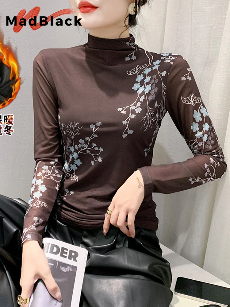 

MadBlack European Clothes Tshirt Women Mock Neck Position Print Thicken Fleece Slim Top Long Sleeve Tees Autumn Winter T30332JC