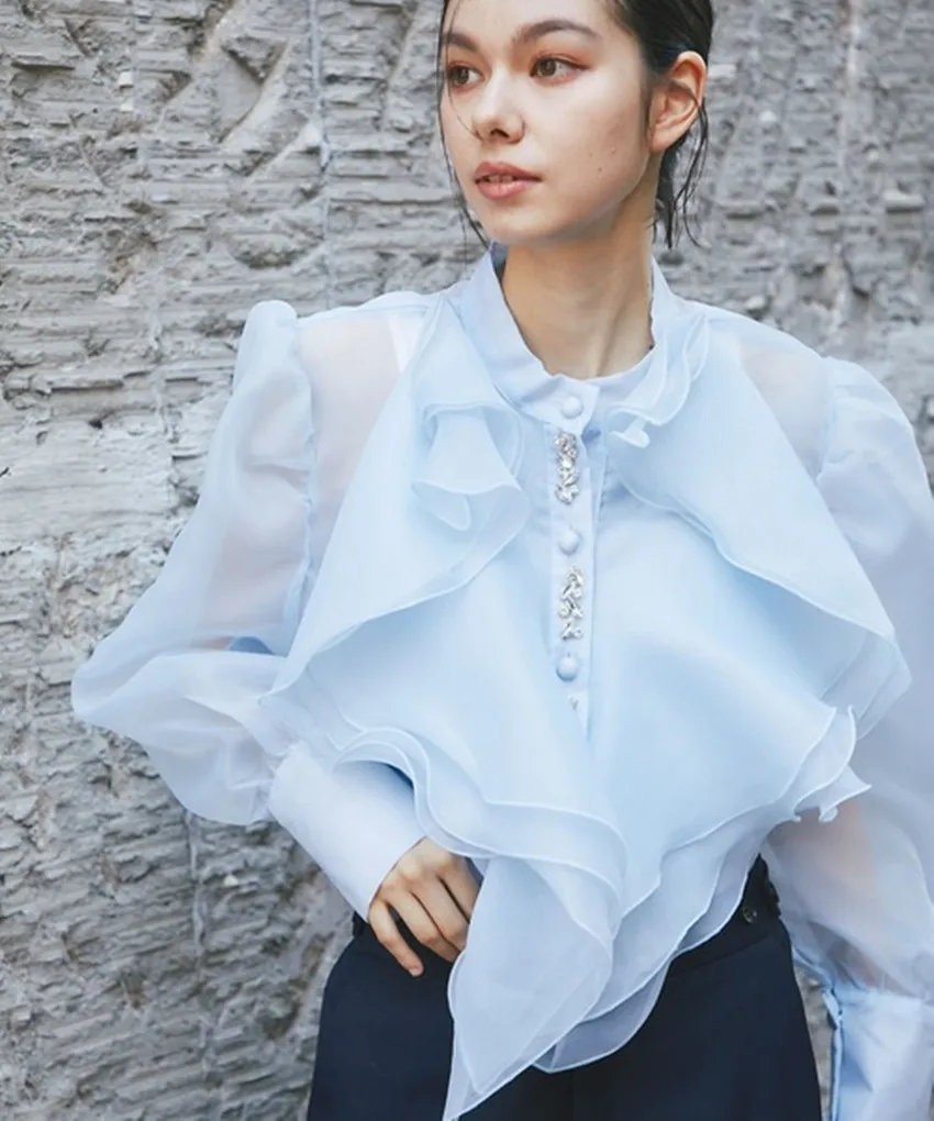 2024 Autumn Fashion Organza Ruffles Loose Blouses For Women\'s O Neck Lantern Sleeve Ruffles Diamonds Party Loose Blue Shirt Tops