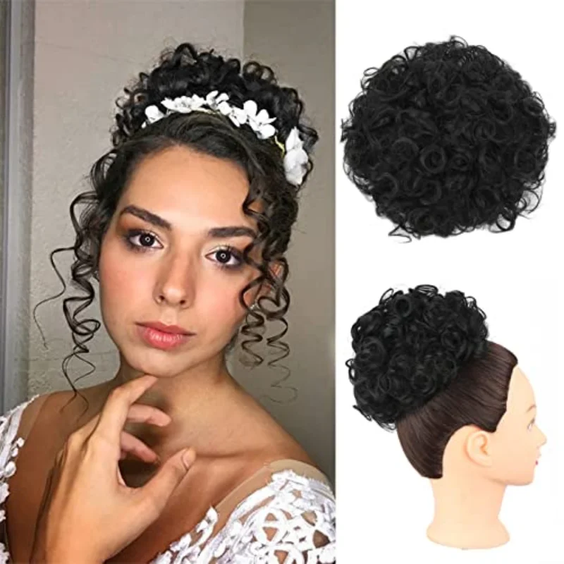 Bollos de pelo desordenados para mujer, moño rizado de onda grande con cordón, extensión de cola de caballo suelta Natural sintética corta